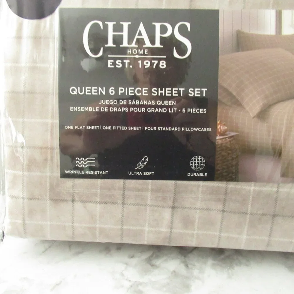 Chaps Sheets Queen Size‎ Beige Plaid Wrinkle Resistant Ultra Soft 6 Piece Set